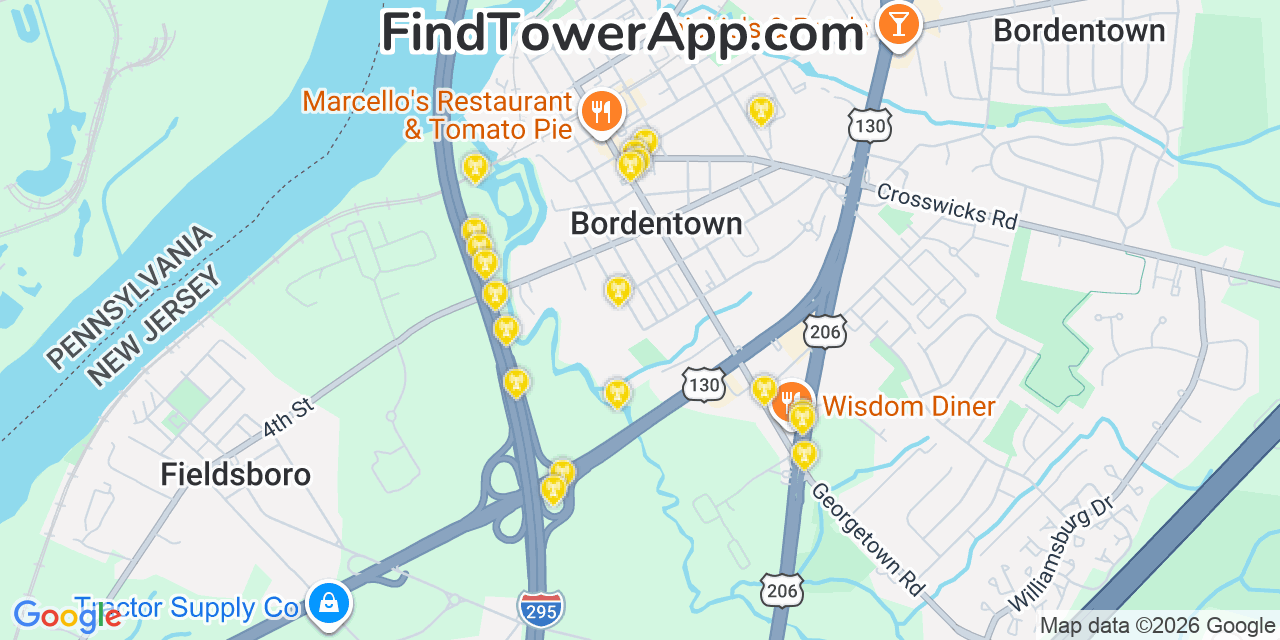 Map showing the 20 primary cell tower locations detected in Bordentown, New Jersey from AT&T, Verizon, and T-Mobile networks