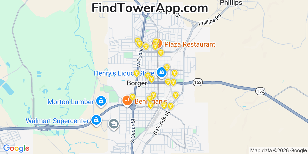 Map showing the 20 primary cell tower locations detected in Borger, Texas from AT&T, Verizon, and T-Mobile networks