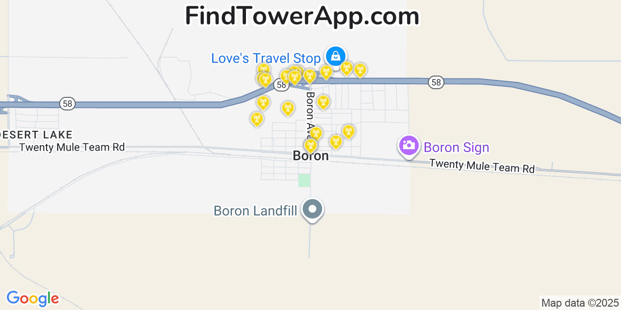 Map showing the 20 primary cell tower locations detected in Boron, California from AT&T, Verizon, and T-Mobile networks