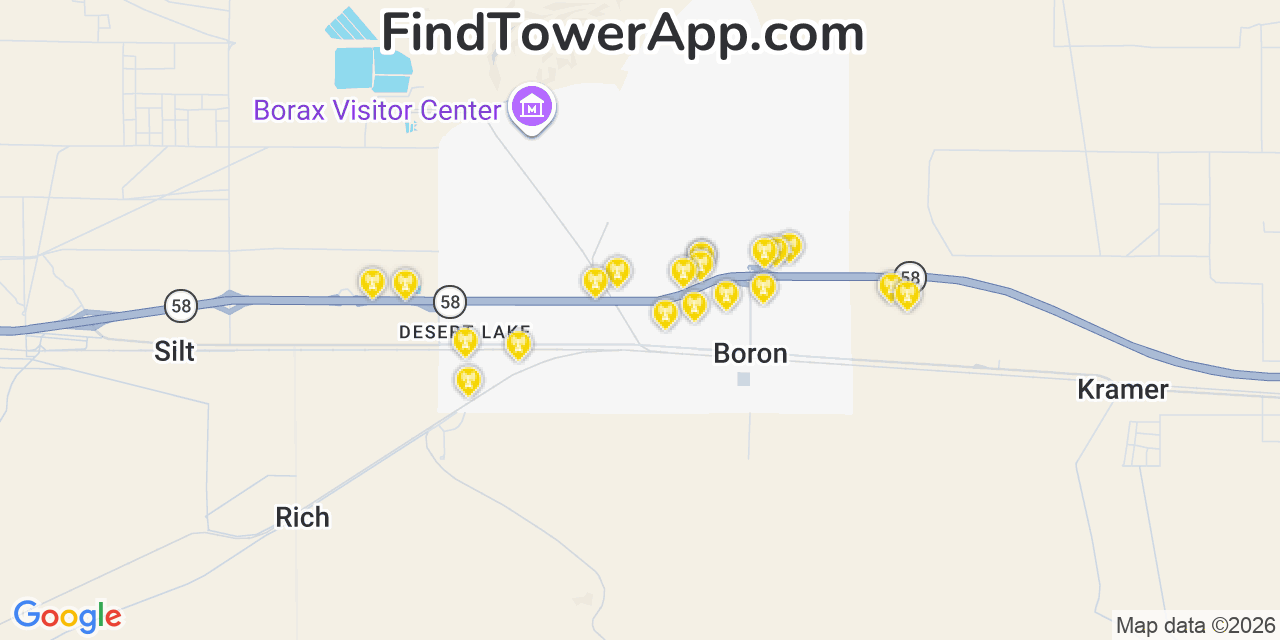 Map showing the 20 primary cell tower locations detected in Boron, California from AT&T, Verizon, and T-Mobile networks