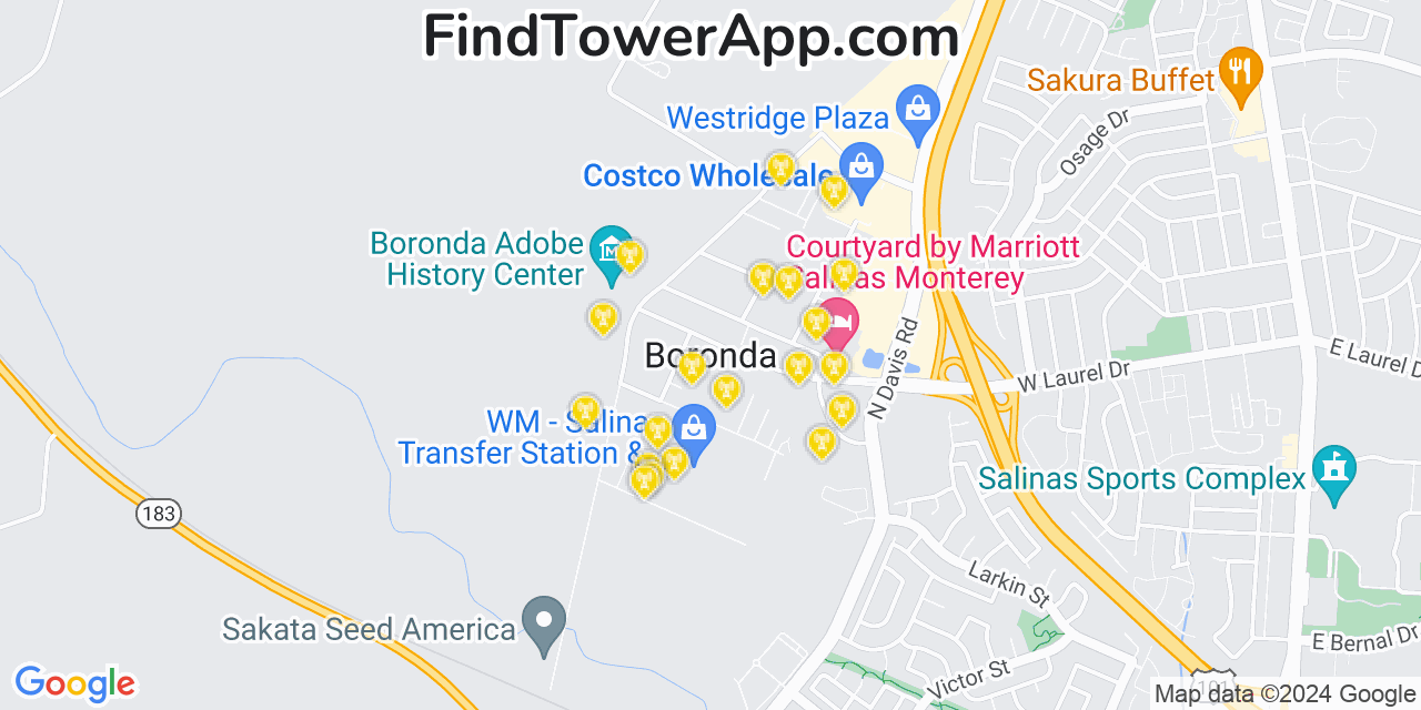 AT&T 4G/5G cell tower coverage map Boronda, California