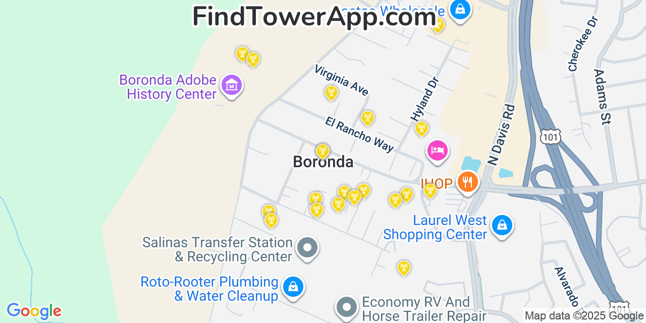 Map showing the 20 primary cell tower locations detected in Boronda, California from AT&T, Verizon, and T-Mobile networks