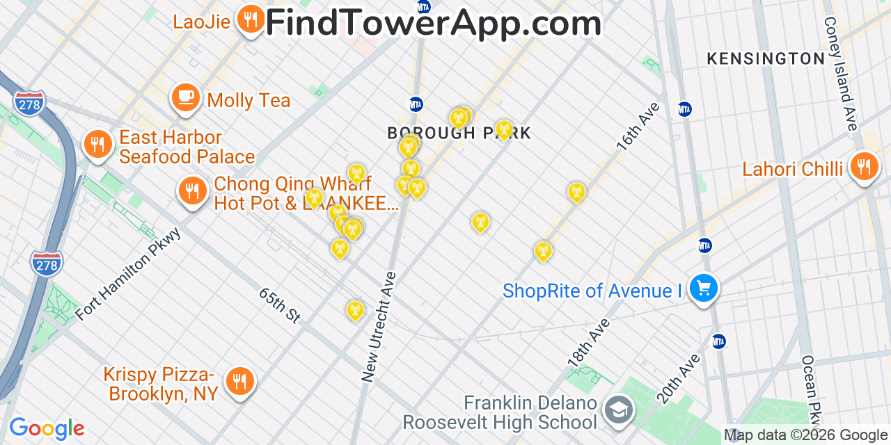 Map showing the 20 primary cell tower locations detected in Borough Park, New York from AT&T, Verizon, and T-Mobile networks