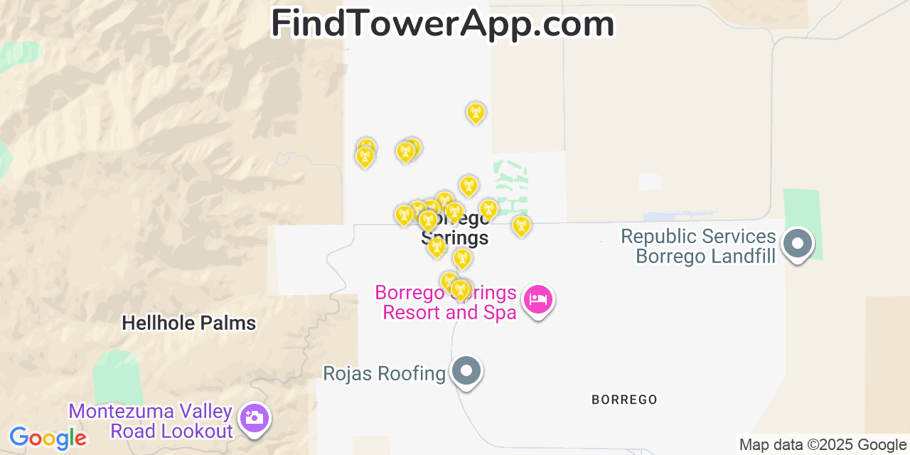 Map showing the 20 primary cell tower locations detected in Borrego Springs, California from AT&T, Verizon, and T-Mobile networks