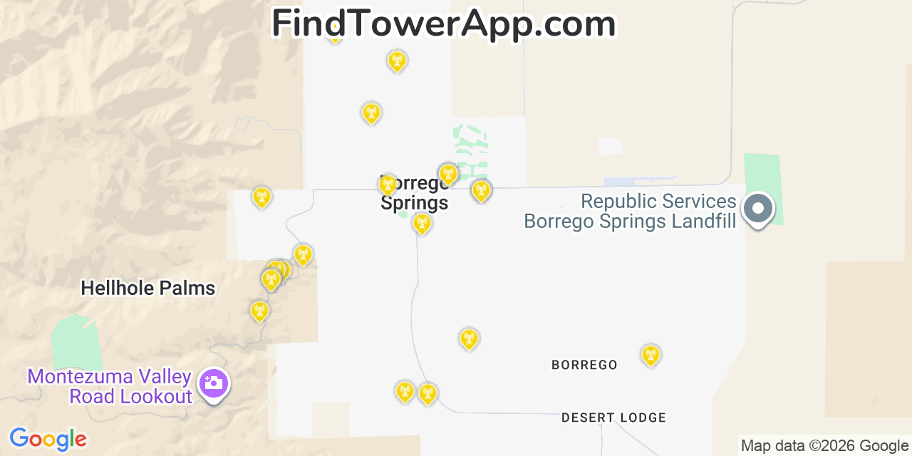 Map showing the 20 primary cell tower locations detected in Borrego Springs, California from AT&T, Verizon, and T-Mobile networks