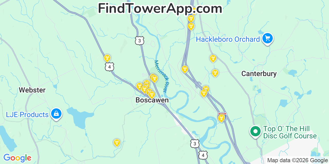 Map showing the 20 primary cell tower locations detected in Boscawen, New Hampshire from AT&T, Verizon, and T-Mobile networks