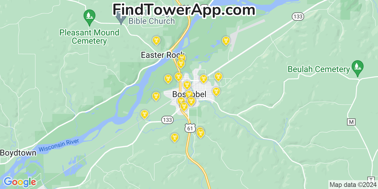 AT&T 4G/5G cell tower coverage map Boscobel, Wisconsin