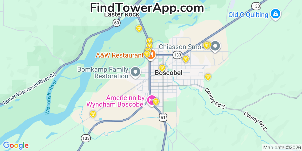 Map showing the 20 primary cell tower locations detected in Boscobel, Wisconsin from AT&T, Verizon, and T-Mobile networks