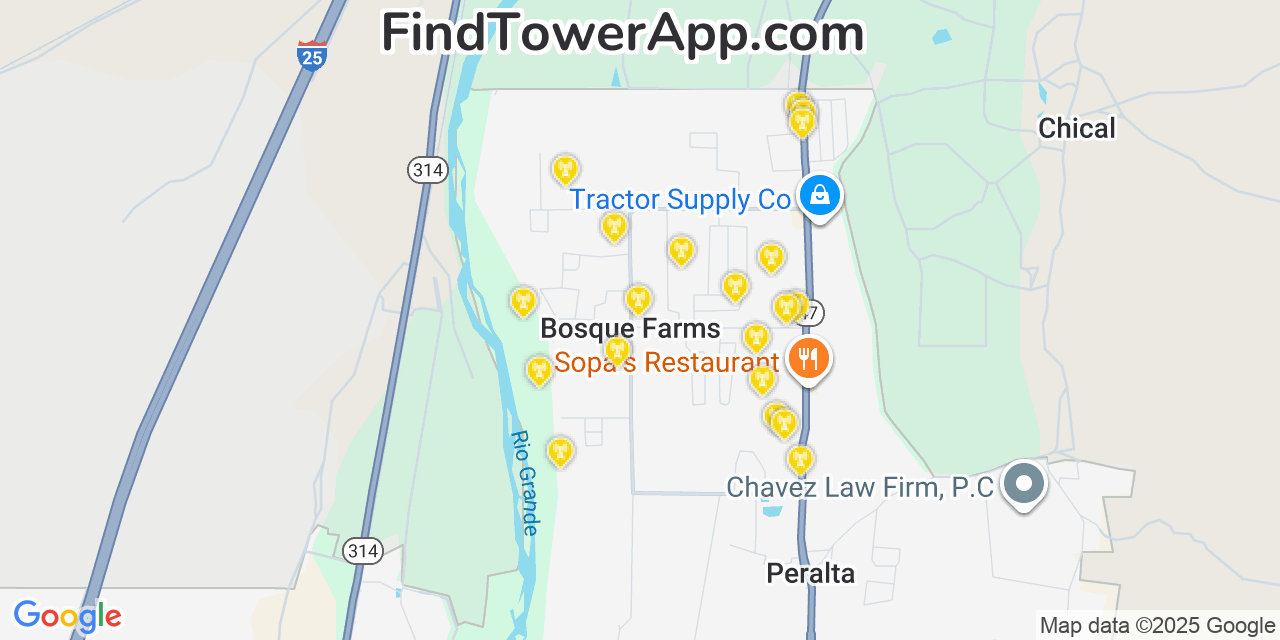 Map showing the 20 primary cell tower locations detected in Bosque Farms, New Mexico from AT&T, Verizon, and T-Mobile networks