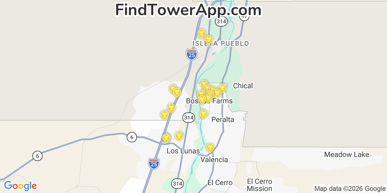 Map showing the 20 primary cell tower locations detected in Bosque Farms, New Mexico from AT&T, Verizon, and T-Mobile networks