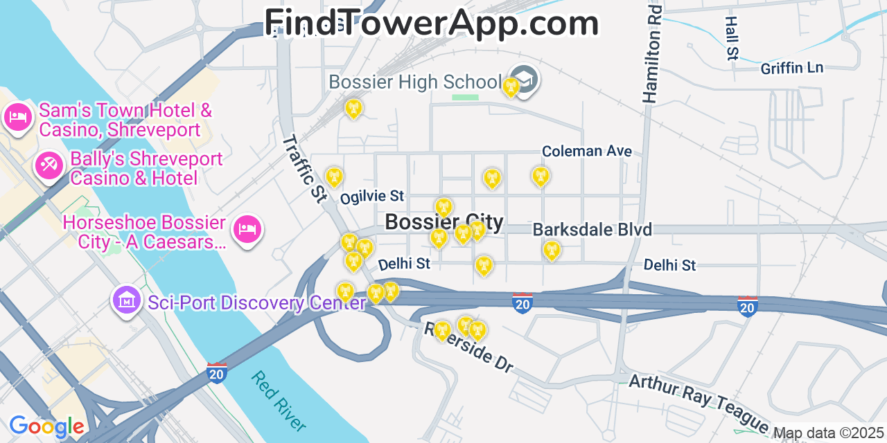 Map showing the 20 primary cell tower locations detected in Bossier City, Louisiana from AT&T, Verizon, and T-Mobile networks