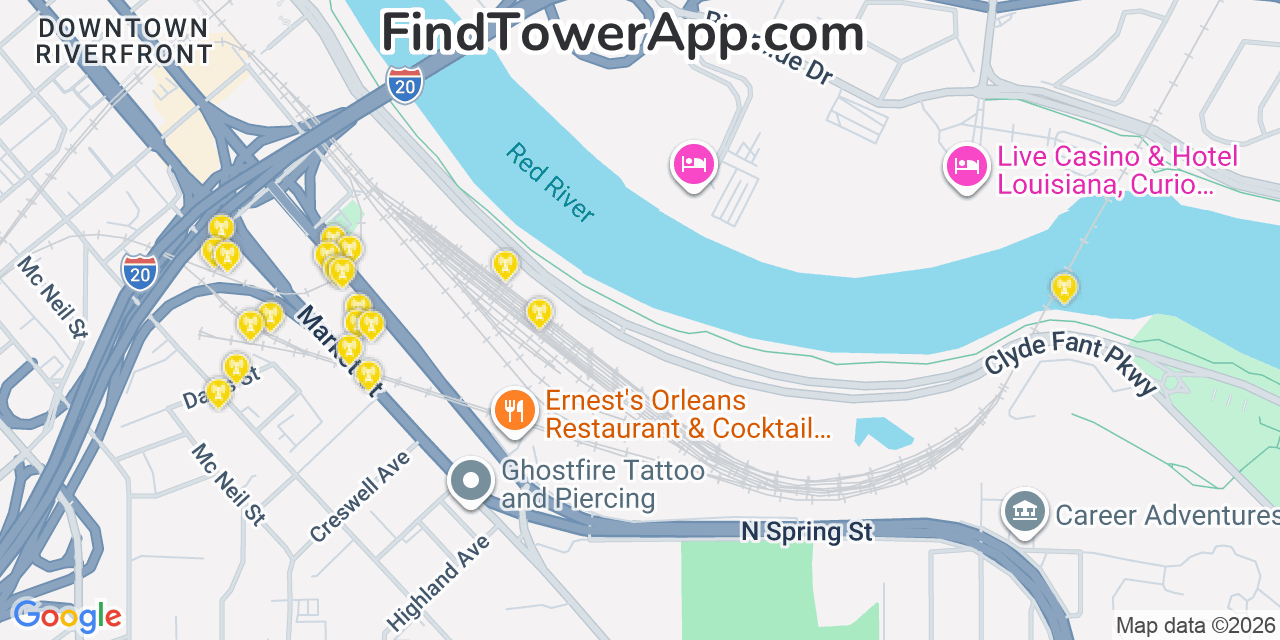 Map showing the 20 primary cell tower locations detected in Bossier City, Louisiana from AT&T, Verizon, and T-Mobile networks