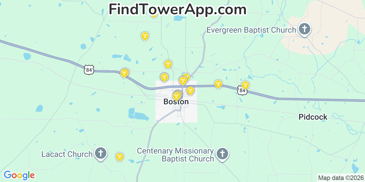 Map showing the 20 primary cell tower locations detected in Boston, Georgia from AT&T, Verizon, and T-Mobile networks