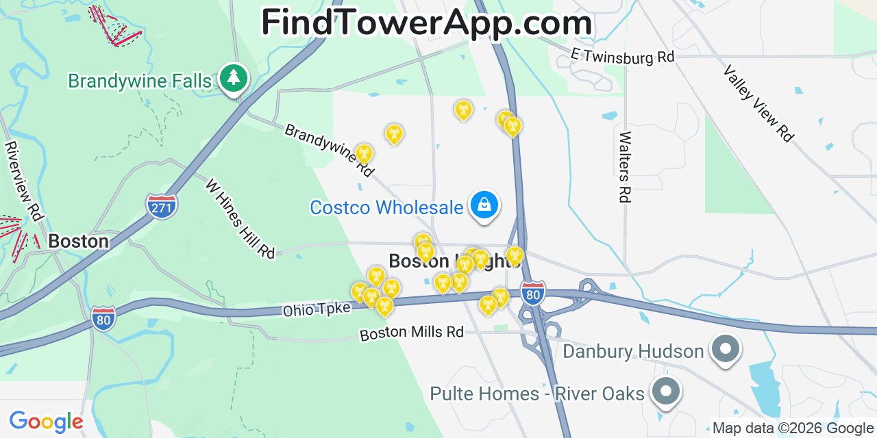 Map showing the 20 primary cell tower locations detected in Boston Heights, Ohio from AT&T, Verizon, and T-Mobile networks