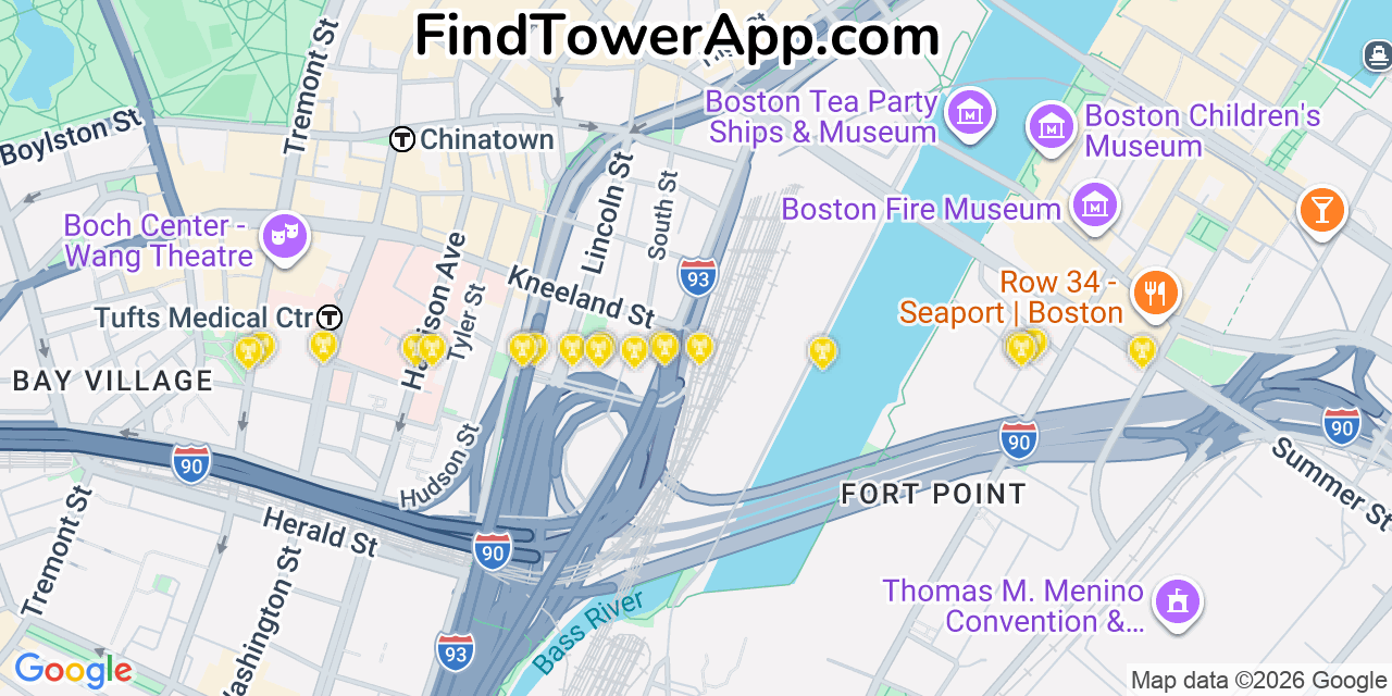 Map showing the 20 primary cell tower locations detected in Boston, Massachusetts from AT&T, Verizon, and T-Mobile networks