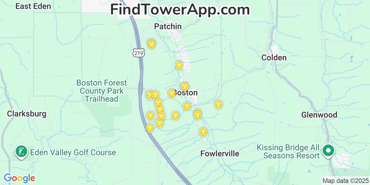 Map showing the 20 primary cell tower locations detected in Boston, New York from AT&T, Verizon, and T-Mobile networks