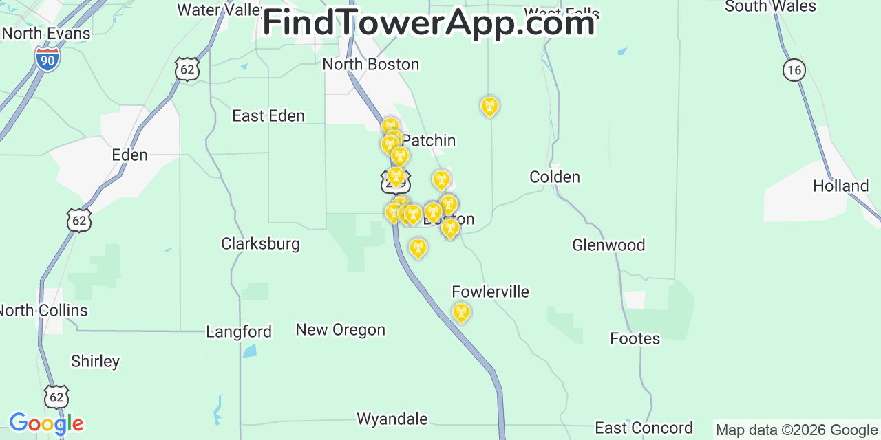 Map showing the 20 primary cell tower locations detected in Boston, New York from AT&T, Verizon, and T-Mobile networks