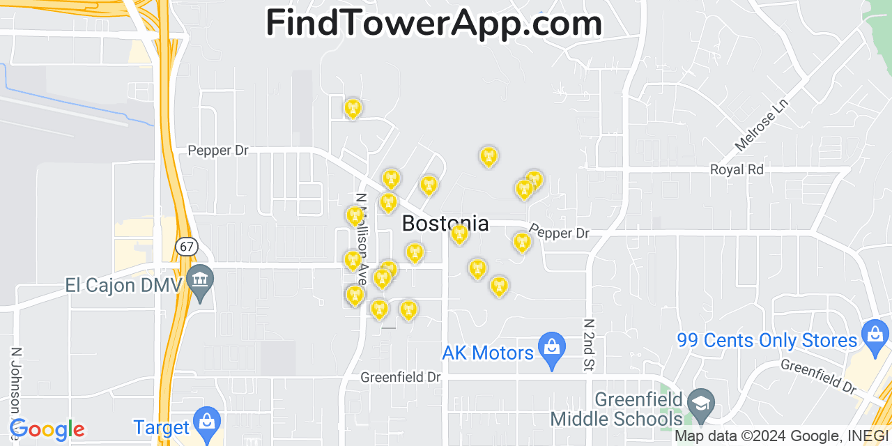 AT&T 4G/5G cell tower coverage map Bostonia, California