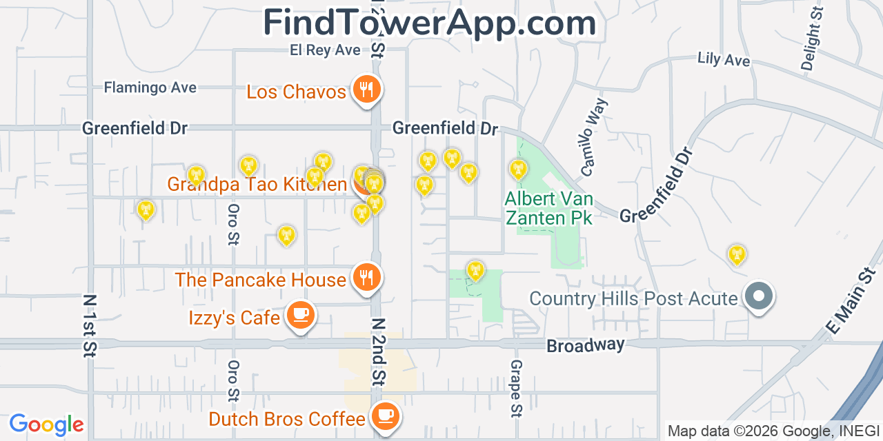 Map showing the 20 primary cell tower locations detected in Bostonia, California from AT&T, Verizon, and T-Mobile networks
