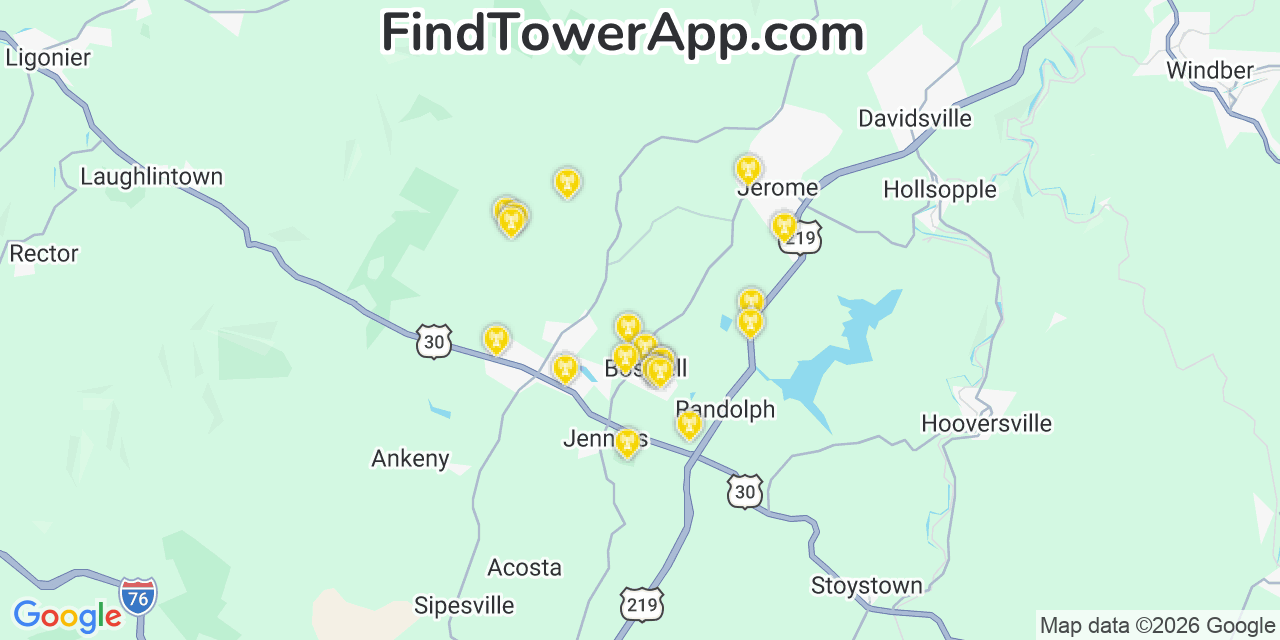 Map showing the 20 primary cell tower locations detected in Boswell, Pennsylvania from AT&T, Verizon, and T-Mobile networks