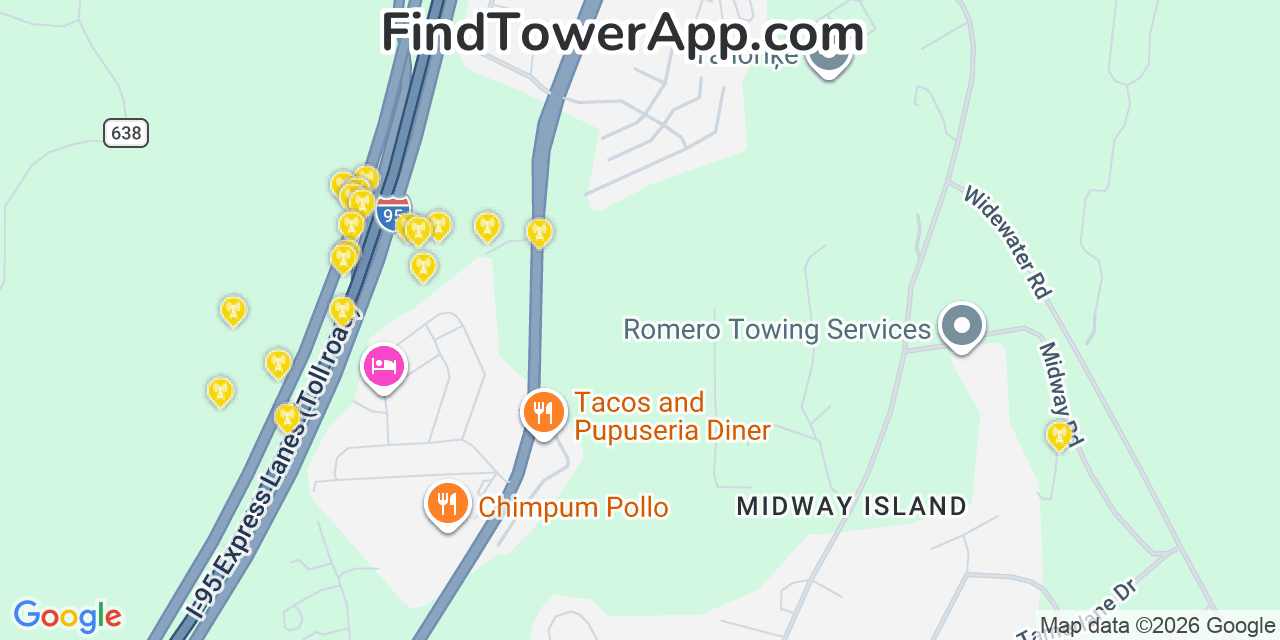 Map showing the 20 primary AT&T cell tower locations detected in Boswell S Corner, Virginia with coverage radius and signal strength indicators