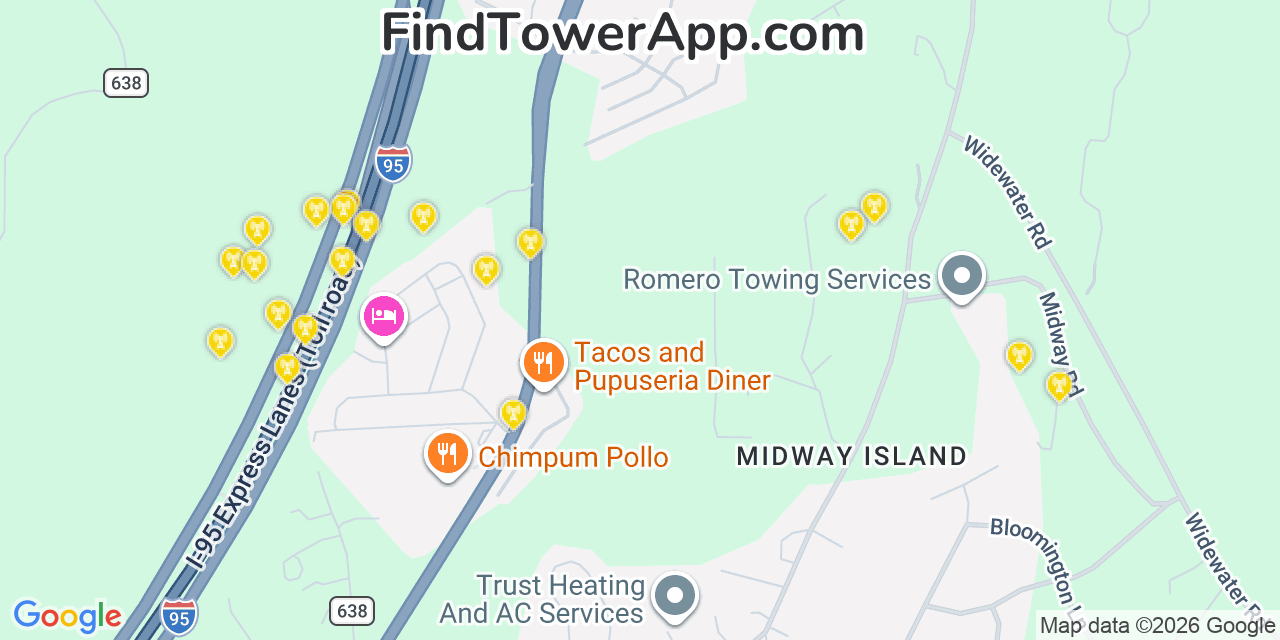 Map showing the 20 primary cell tower locations detected in Boswell S Corner, Virginia from AT&T, Verizon, and T-Mobile networks