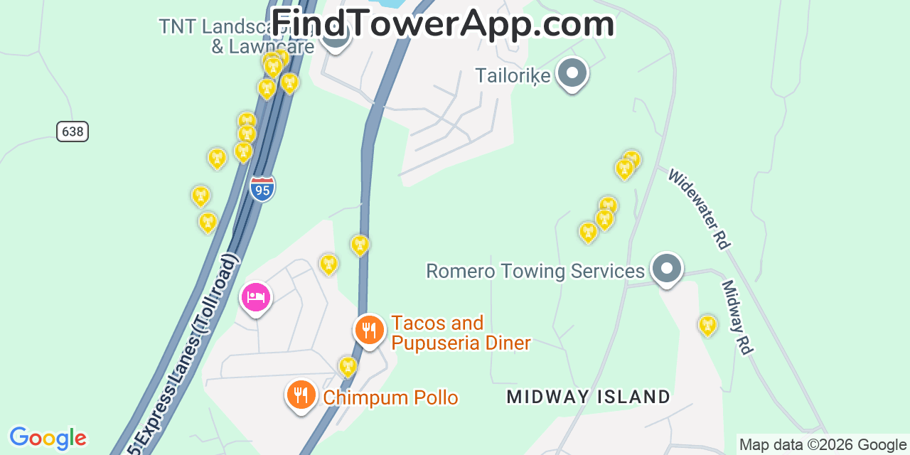 Map showing the 20 primary T-Mobile cell tower locations detected in Boswell S Corner, Virginia with coverage radius and signal strength indicators
