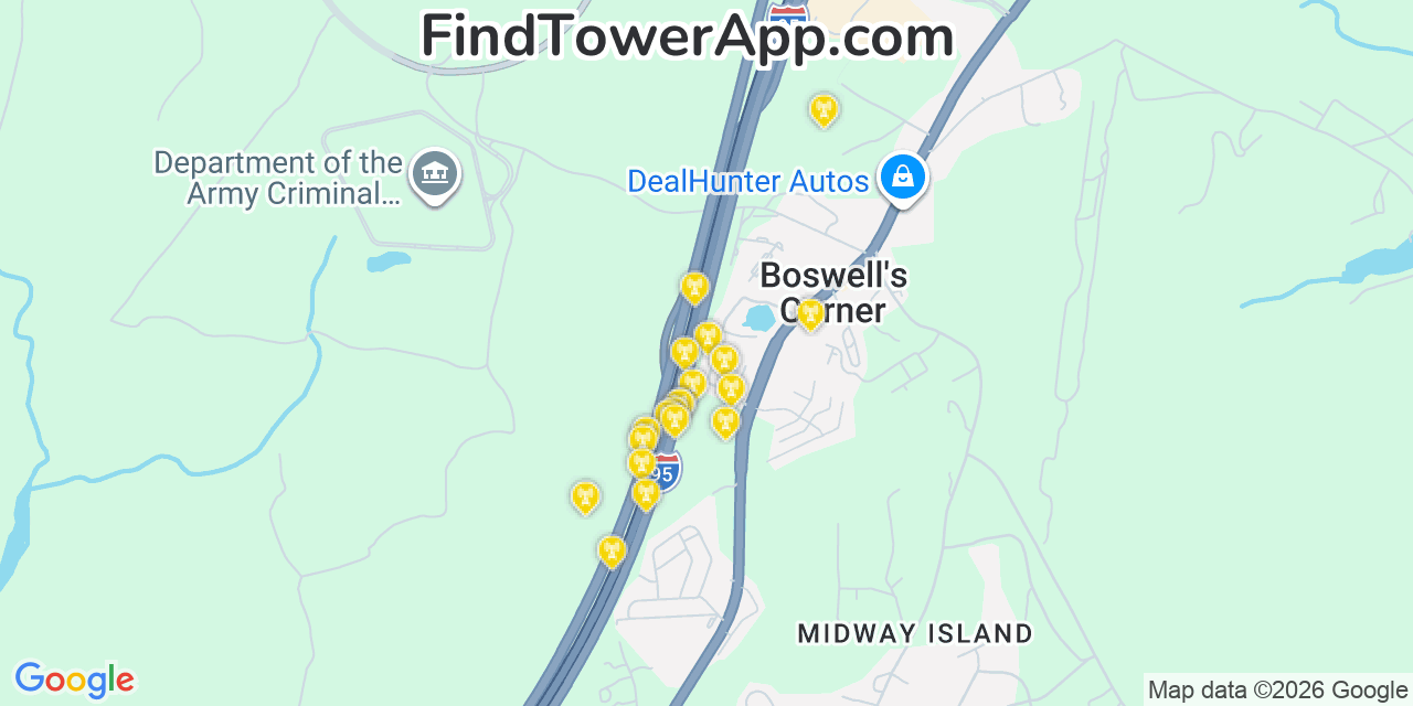 Map showing the 20 primary Verizon cell tower locations detected in Boswell S Corner, Virginia with coverage radius and signal strength indicators