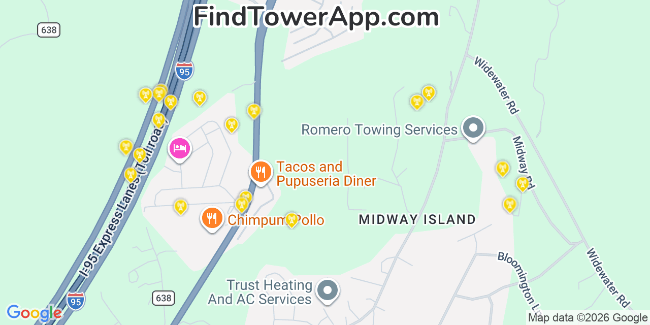 Map showing the 20 primary cell tower locations detected in Boswells Corner, Virginia from AT&T, Verizon, and T-Mobile networks