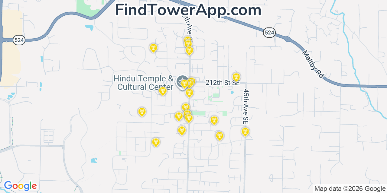 Map showing the 20 primary cell tower locations detected in Bothell East, Washington from AT&T, Verizon, and T-Mobile networks