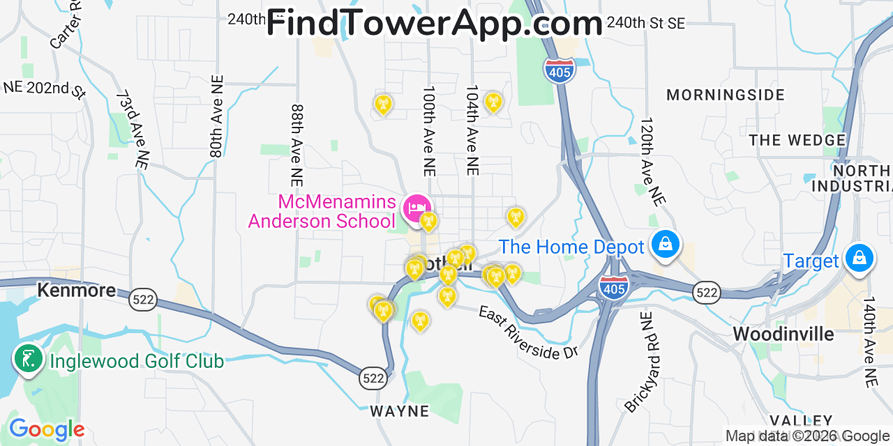 Map showing the 20 primary cell tower locations detected in Bothell, Washington from AT&T, Verizon, and T-Mobile networks