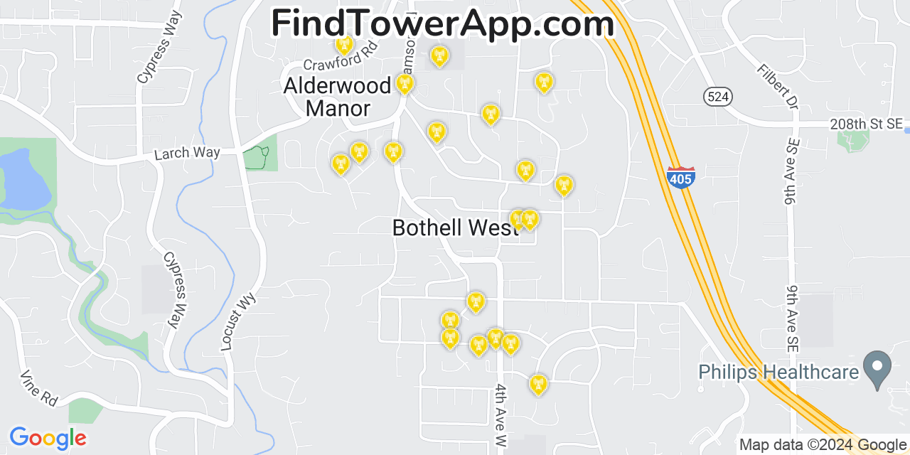 AT&T 4G/5G cell tower coverage map Bothell West, Washington