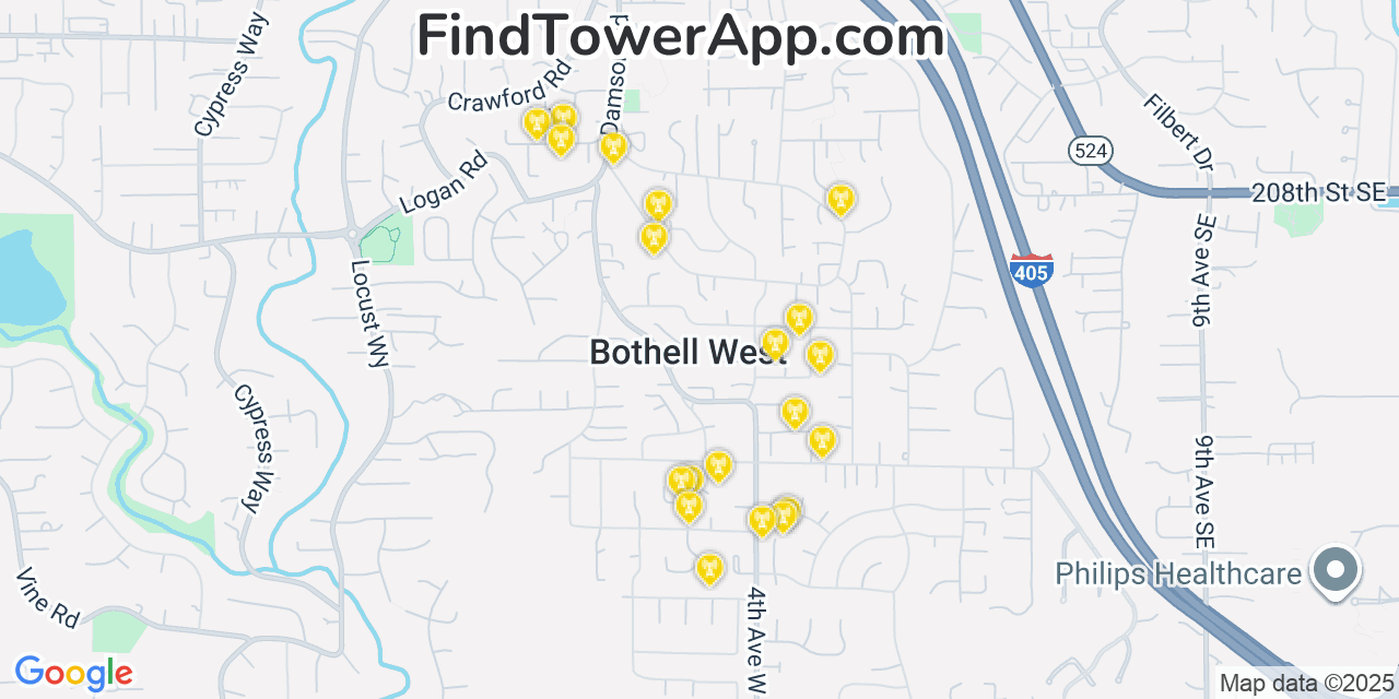 Map showing the 20 primary cell tower locations detected in Bothell West, Washington from AT&T, Verizon, and T-Mobile networks