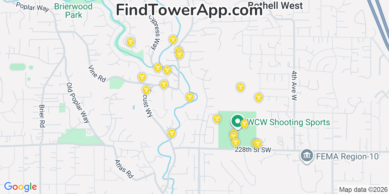Map showing the 20 primary cell tower locations detected in Bothell West, Washington from AT&T, Verizon, and T-Mobile networks