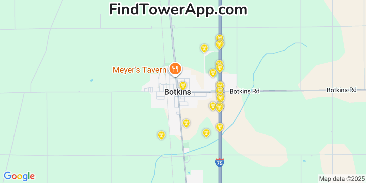 Map showing the 20 primary cell tower locations detected in Botkins, Ohio from AT&T, Verizon, and T-Mobile networks