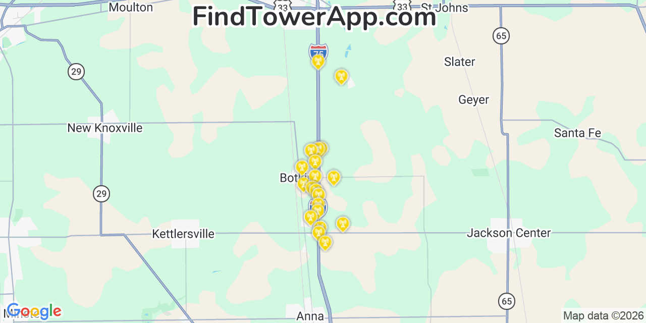 Map showing the 20 primary cell tower locations detected in Botkins, Ohio from AT&T, Verizon, and T-Mobile networks