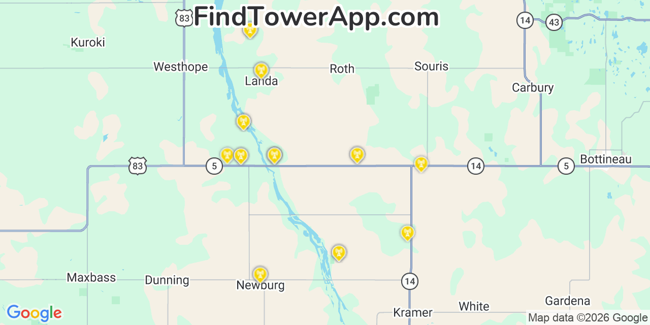 Map showing the 20 primary cell tower locations detected in Bottineau, North Dakota from AT&T, Verizon, and T-Mobile networks