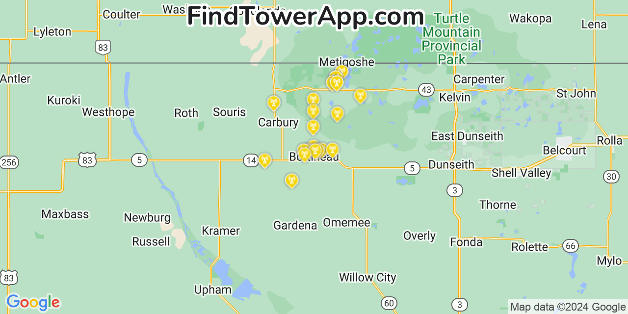 Verizon 4G/5G cell tower coverage map Bottineau, North Dakota