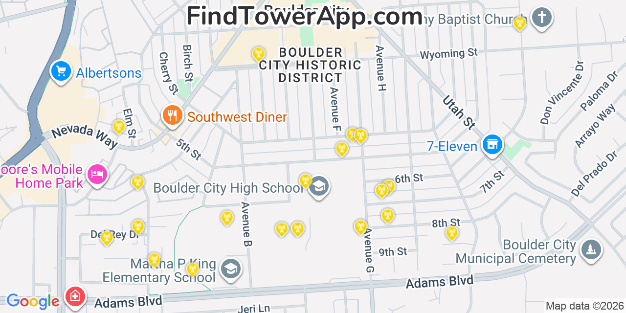 Map showing the 20 primary cell tower locations detected in Boulder City, Nevada from AT&T, Verizon, and T-Mobile networks