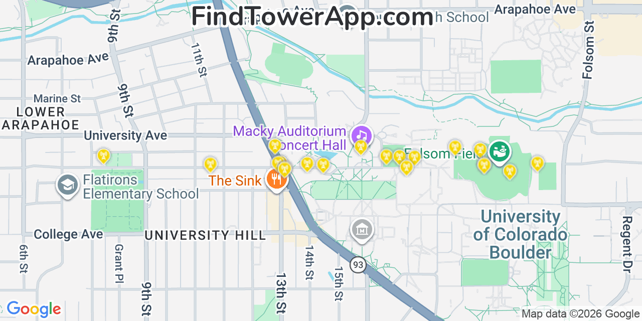 Map showing the 20 primary cell tower locations detected in Boulder, Colorado from AT&T, Verizon, and T-Mobile networks