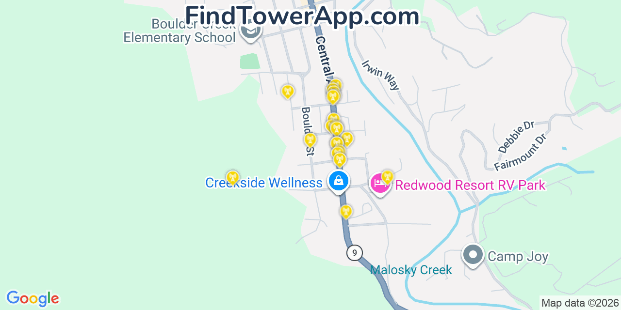 Map showing the 20 primary cell tower locations detected in Boulder Creek, California from AT&T, Verizon, and T-Mobile networks