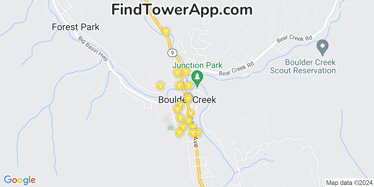 Verizon 4G/5G cell tower coverage map Boulder Creek, California