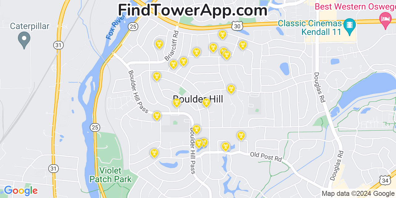 AT&T 4G/5G cell tower coverage map Boulder Hill, Illinois