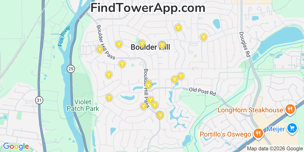 Map showing the 20 primary cell tower locations detected in Boulder Hill, Illinois from AT&T, Verizon, and T-Mobile networks