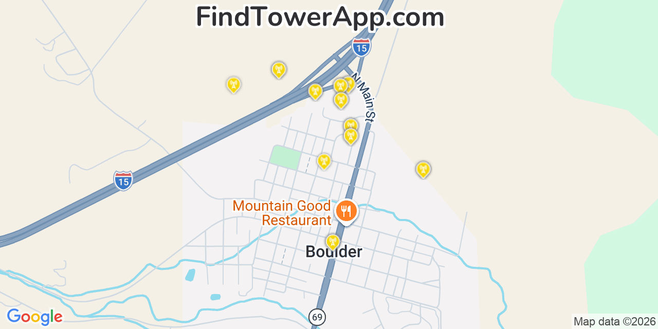 Map showing the 20 primary cell tower locations detected in Boulder, Montana from AT&T, Verizon, and T-Mobile networks