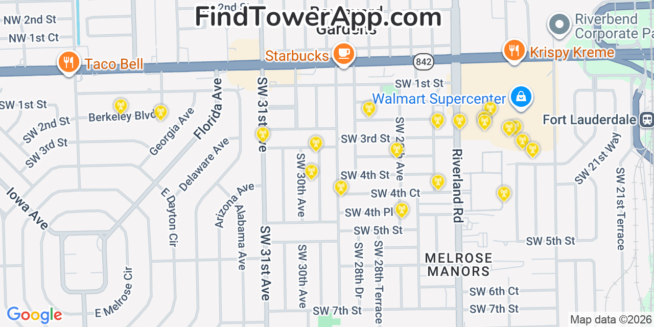 Map showing the 20 primary cell tower locations detected in Boulevard Gardens, Florida from AT&T, Verizon, and T-Mobile networks