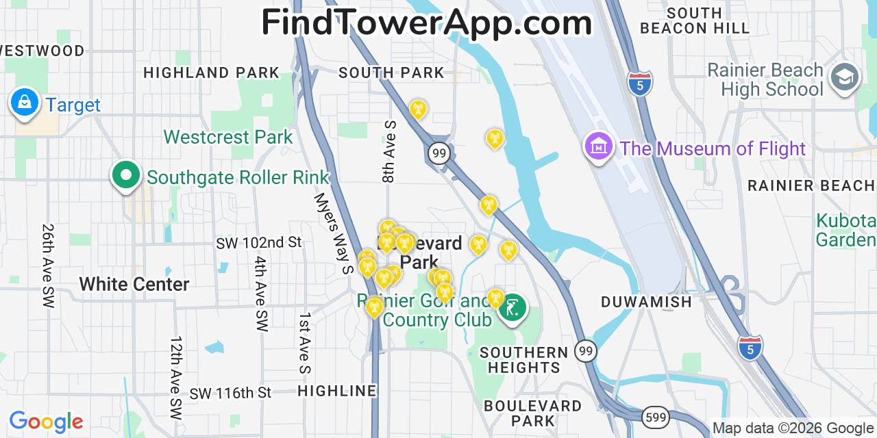 Map showing the 20 primary cell tower locations detected in Boulevard Park, Washington from AT&T, Verizon, and T-Mobile networks