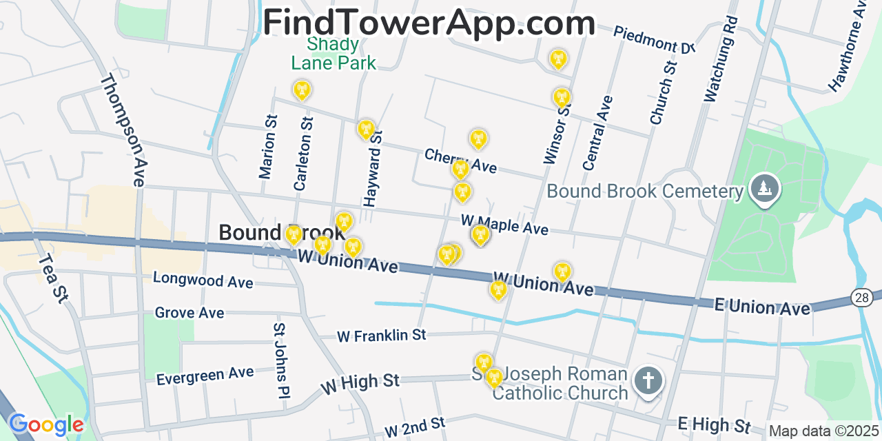 Map showing the 20 primary cell tower locations detected in Bound Brook, New Jersey from AT&T, Verizon, and T-Mobile networks