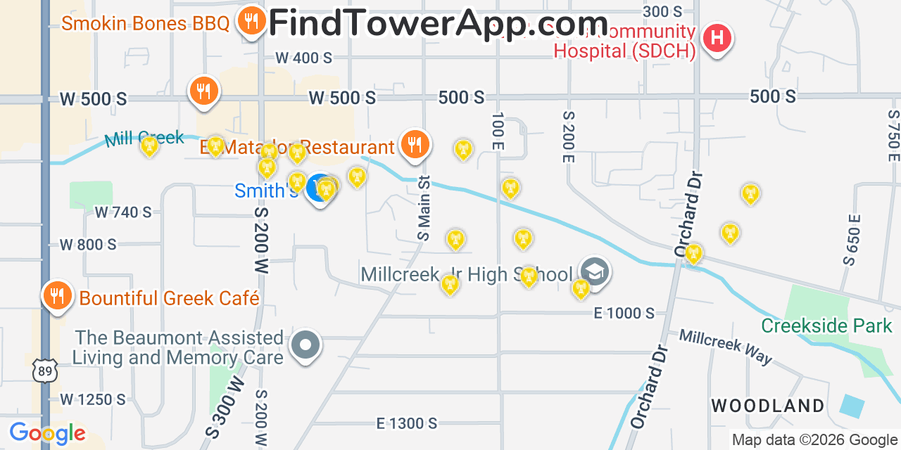 Map showing the 20 primary cell tower locations detected in Bountiful, Utah from AT&T, Verizon, and T-Mobile networks