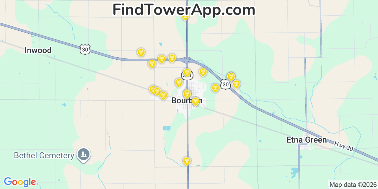 Map showing the 20 primary cell tower locations detected in Bourbon, Indiana from AT&T, Verizon, and T-Mobile networks